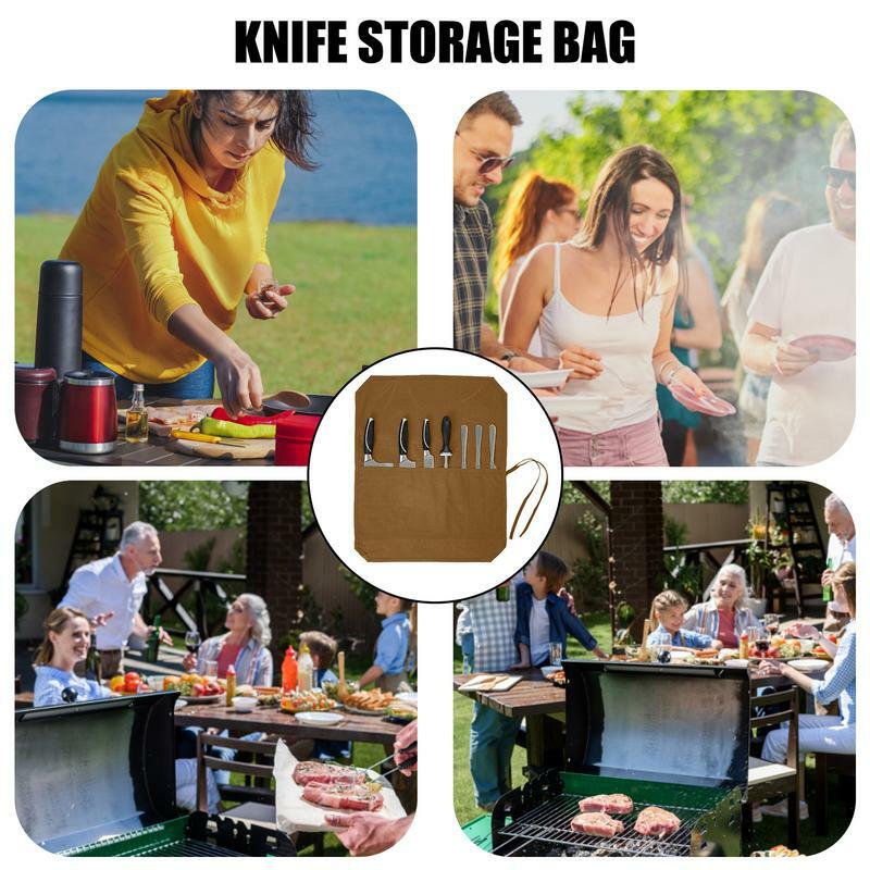 Roll Up Knives Bag Waxed Canvas Knifes Cultery Carrier Knifes Roll Chef Knifes Roll Case With 7 Slots Home Kitchen Cooking Tools