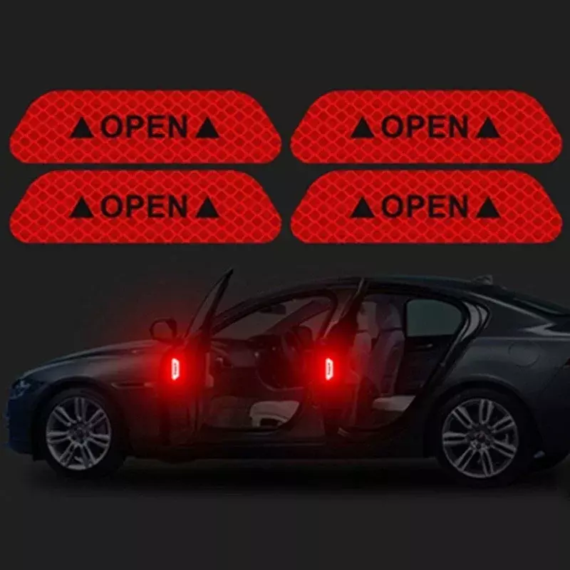 Stiker pintu mobil Universal, 4 buah/set stiker peringatan keselamatan, pita reflektif tinggi terbuka, strip reflektif keselamatan berkendara otomatis