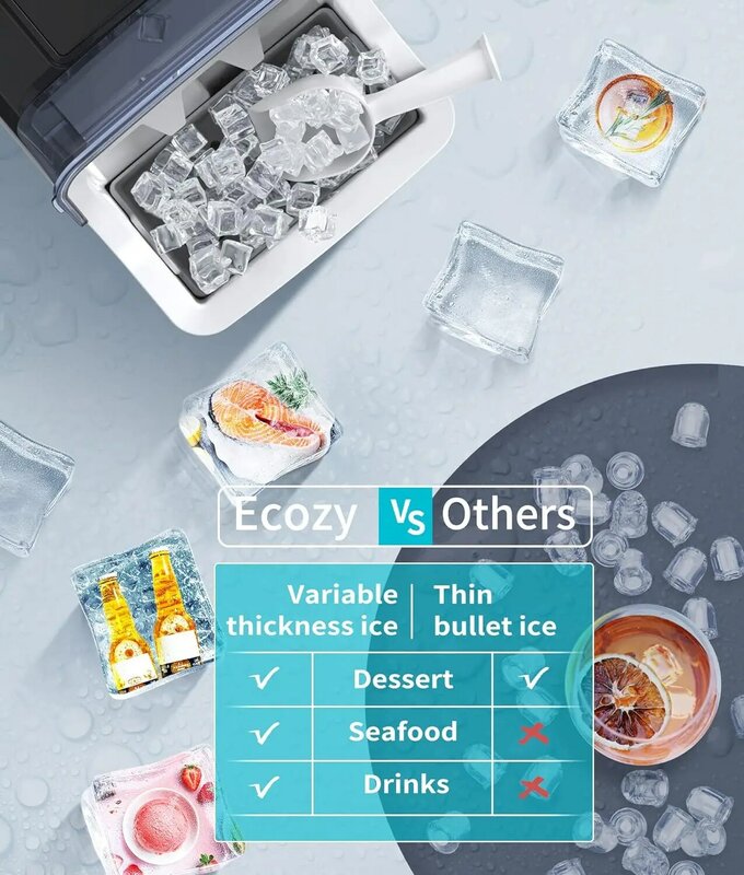Ecozy-Auto Auto-Limpeza Countertop Ice Makers, 24 Cubos Pronto em 13 Mins, caixa de aço inoxidável, 45lbs por dia