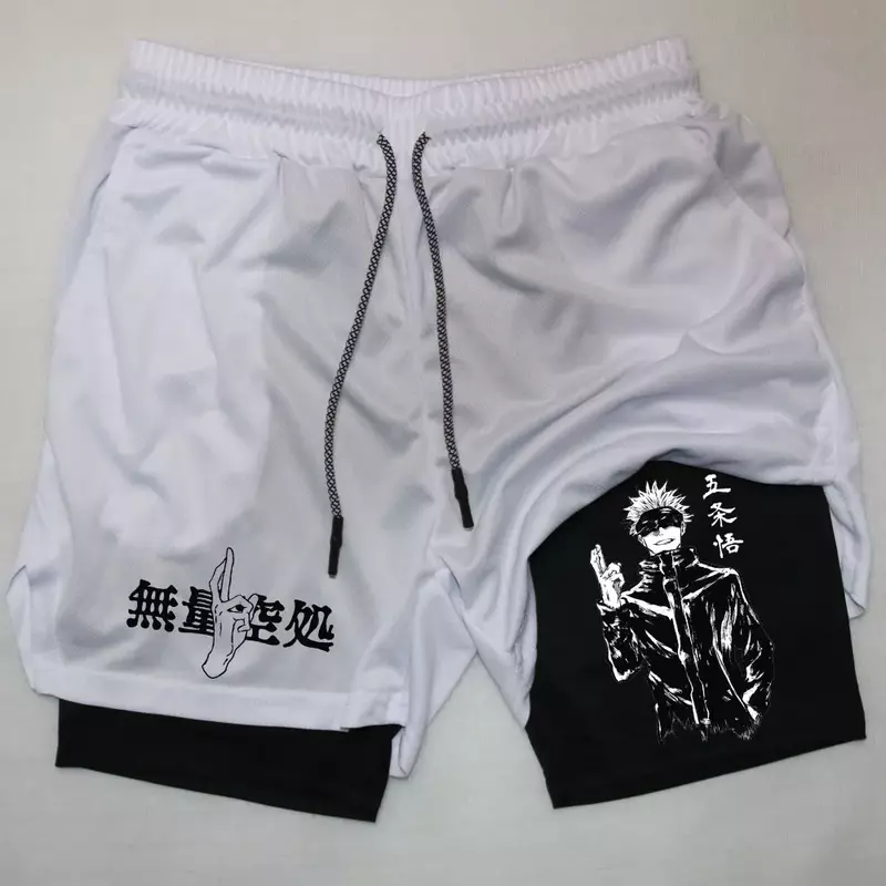 Pantalones cortos de compresión para hombre, ropa deportiva con estampado de Gojo Satoru, 2 en 1, entrenamiento de gimnasio, Fitness