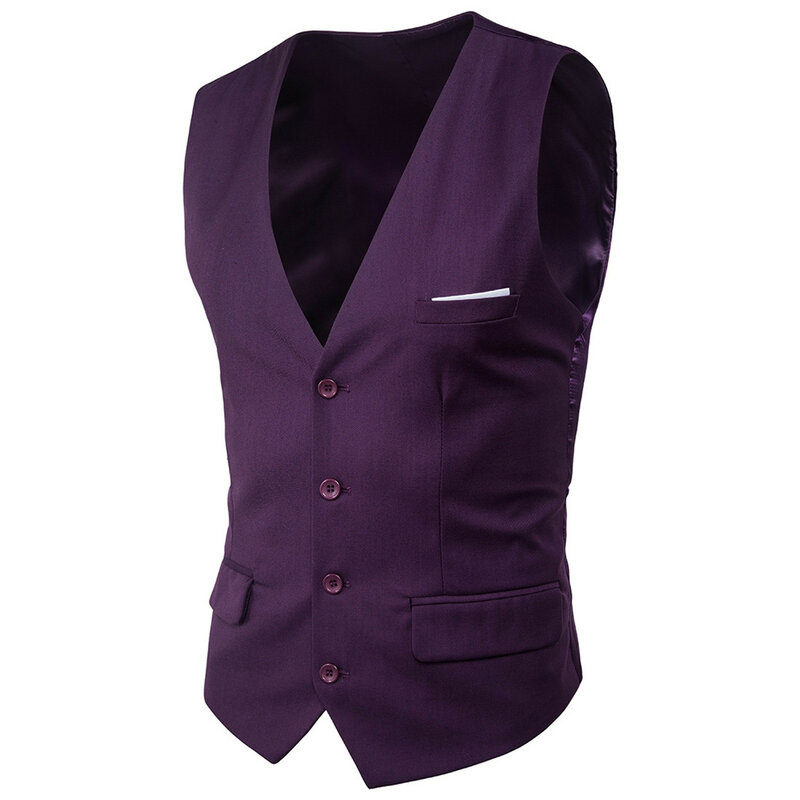 Men's Suit Vest V Neck Silmming Fit Solid Color Formal Suit Large Size Sleeveless Single Breasted Fake Pocket Men's Horse Jacket