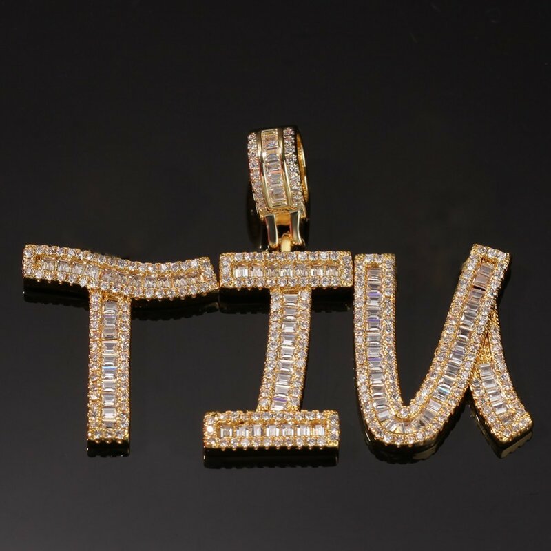 Uwin Cutsom Baguette Letters Name Necklace & Pendant Bling Bling Full Iced Out Luxury Zirconia Tennis Chain HipHop Jewelry