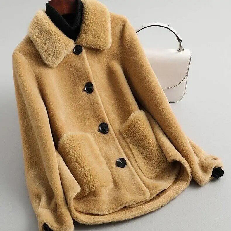 Jaket wol domba asli wanita, mantel bulu domba hangat alami untuk musim gugur dan musim dingin 2024, pakaian luar Y129