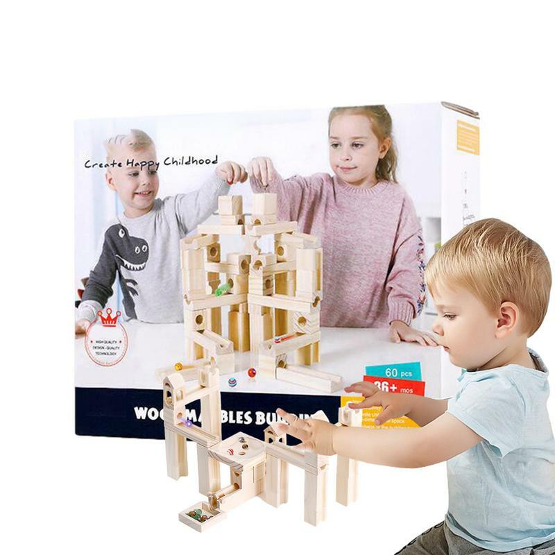 Wood Marble Race Track 65 Pieces Construction Play Set Easy To Use Funny Wooden Marble Maze Early Educational STEM Development