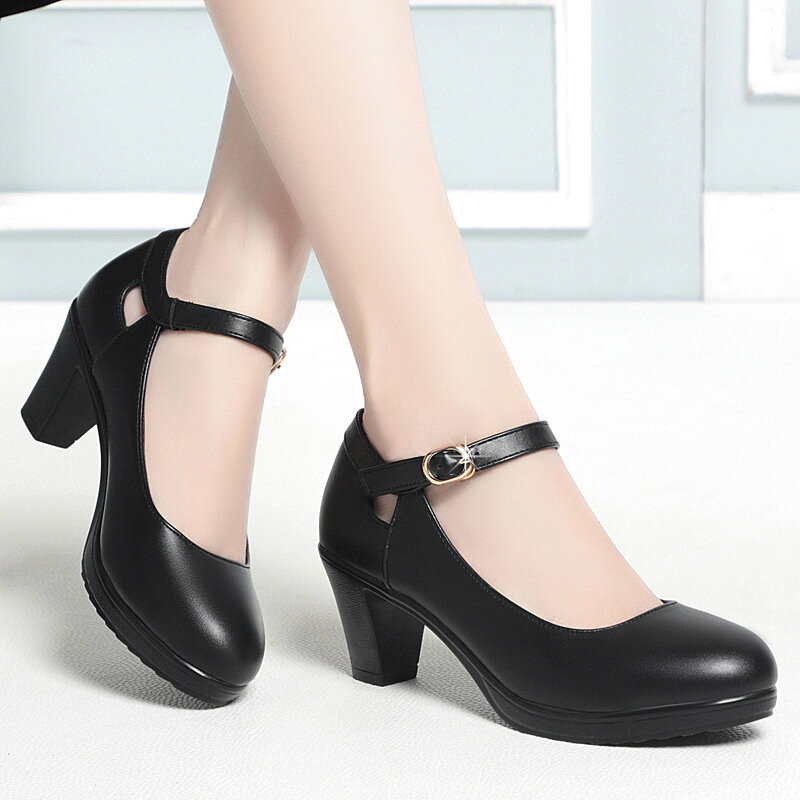 Zapatos de cuero suave para mujer, zapatos de plataforma con punta redonda, tacón grueso, temperamento de moda, elegantes, color negro
