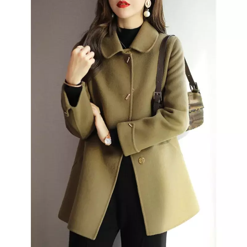 Woolen Coat Slim Fashion Office Lady Square Collar Single Breasted Winter Coats for Women 2023 Wide-waisted Pocket Black Coat
