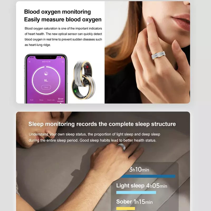 R02 cincin pintar monitor Kesehatan Pria Wanita, 5ATM tahan air pelacak kebugaran 100 + mode latihan detak jantung oksigen darah cerdas