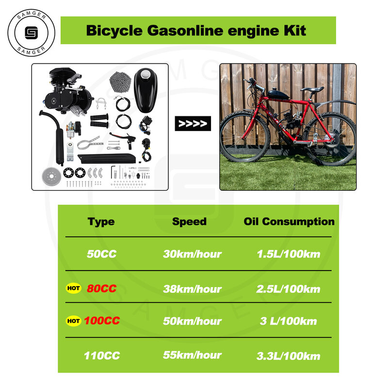 Samger-Kit de motor de gasolina para bicicleta eléctrica, motor completo de bolsillo de 2 tiempos para bicicleta eléctrica DIY de RU/UE, 50/80/100CC