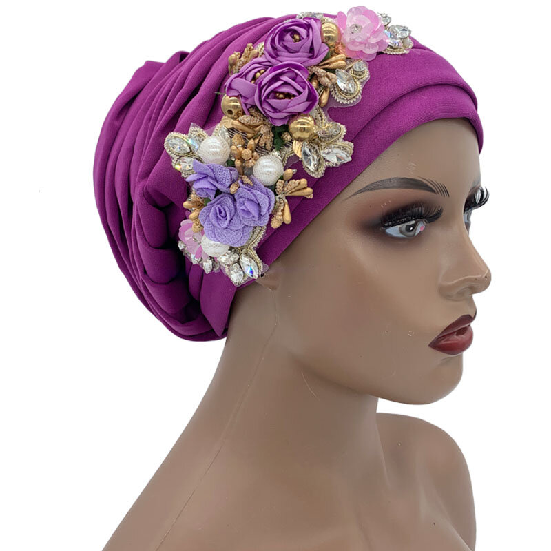 Topi Turban wanita, bunga berlian imitasi mewah lipit topi elegan kepala wanita syal kepala Bonnet pesta hiasan kepala topi Turban