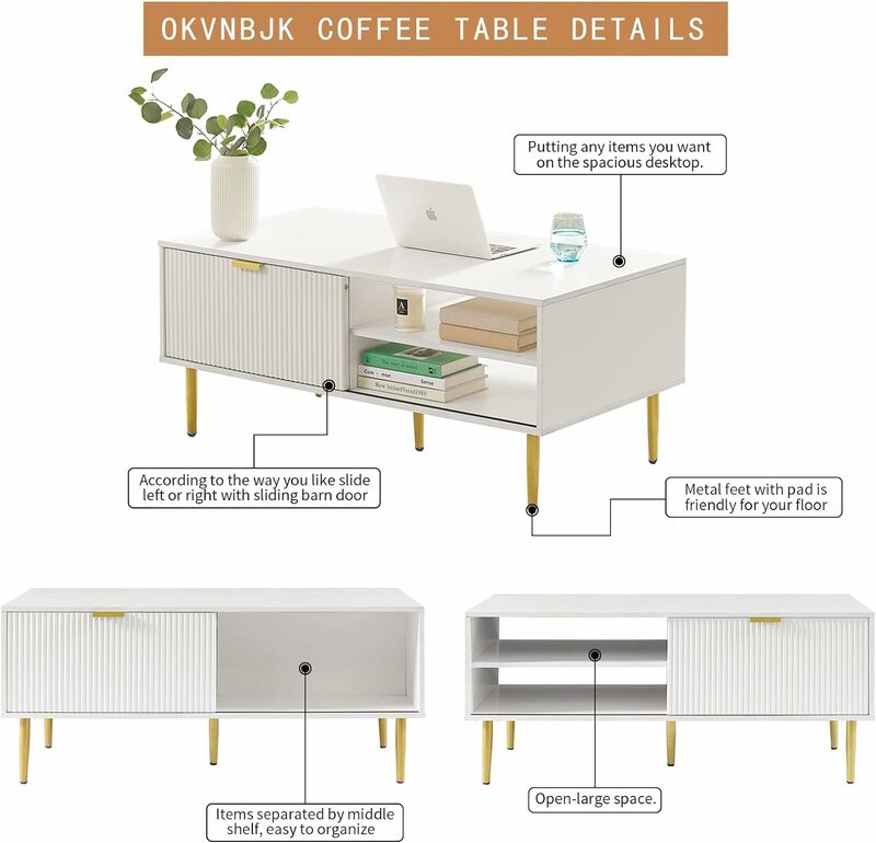 Okvnbjk-طاولة قهوة بيضاء لغرفة المعيشة ، طاولة مركزية 48 "، طاولة كوكل مع لوح موجي ، طراز باب جرار ، طاولة كبيرة