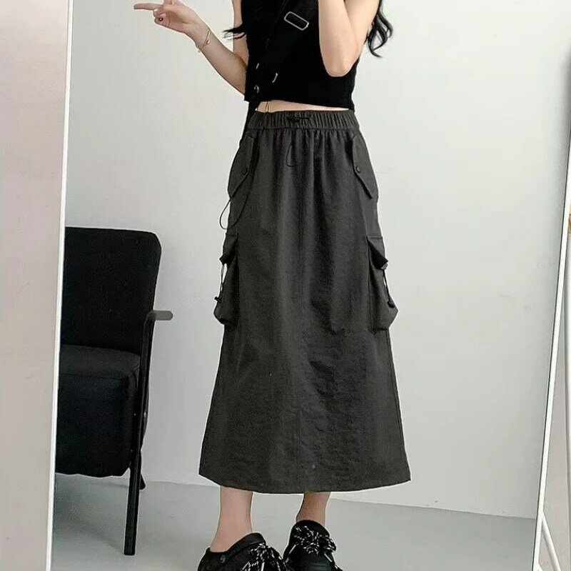 DAYIFUN-Lady Mid Length Work Dress Women's Clothing High Waist A-Line Pocket Panel Design Skirts Retro Grey Spring Summer 2024