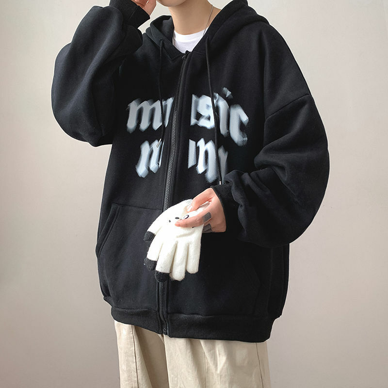 Sudadera con capucha Harajuku para hombre, jersey de Hip Hop, ropa de calle con letras estampadas, Sudadera con capucha negra, chaqueta informal con cremallera, invierno y otoño