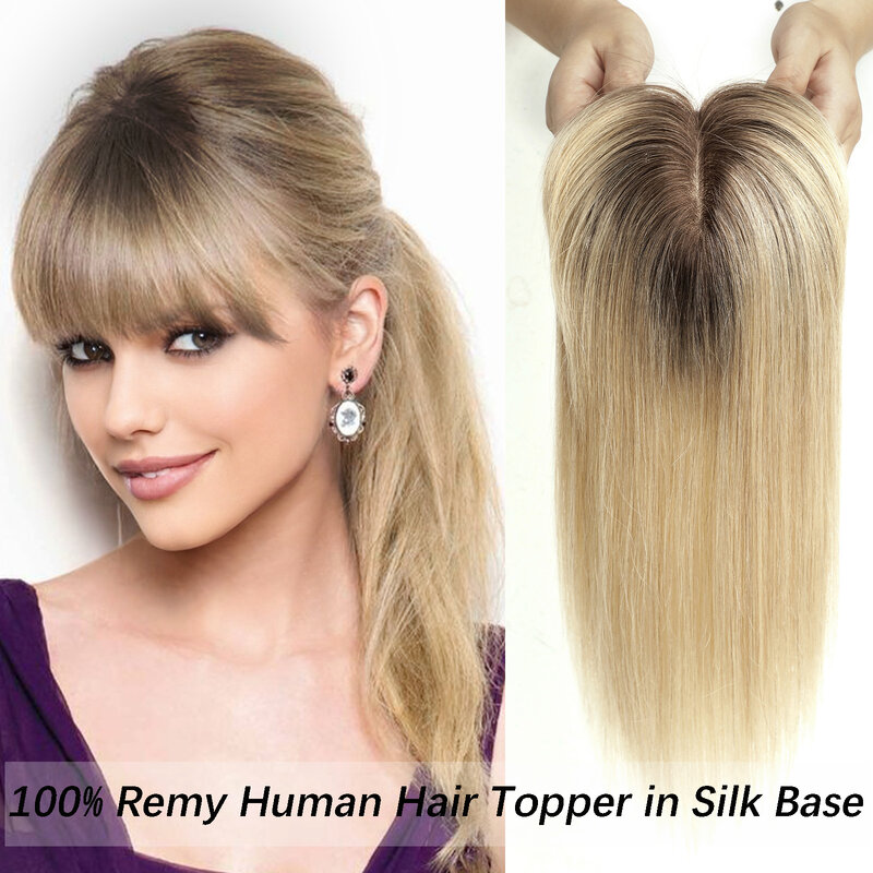 Toppers de cabello humano 100% Remy con flequillo, piezas de cabello humano rubio platino Ombre para mujeres, cabello fino, Base de seda, Clip en Toppers