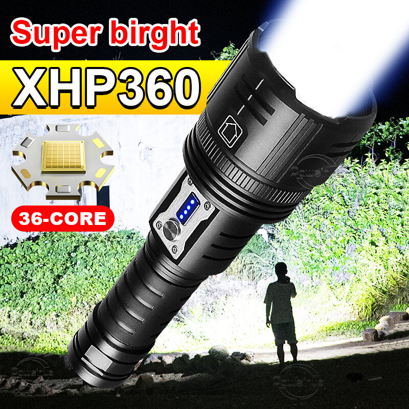 Poderosa lanterna LED recarregável USB, luz de tocha tática, lâmpada de mão de alta potência, lanterna para acampar, XHP50, XHP360, 3000 Lumens