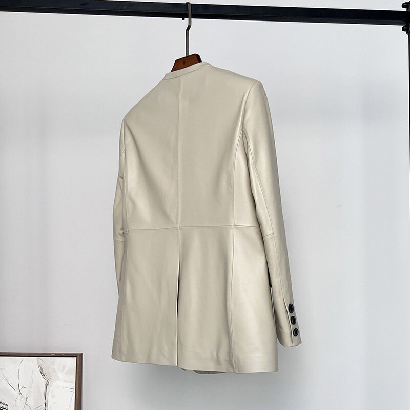 Jaket kulit asli leher V wanita, mantel kulit domba kasual longgar elegan kualitas tinggi musim gugur 2023