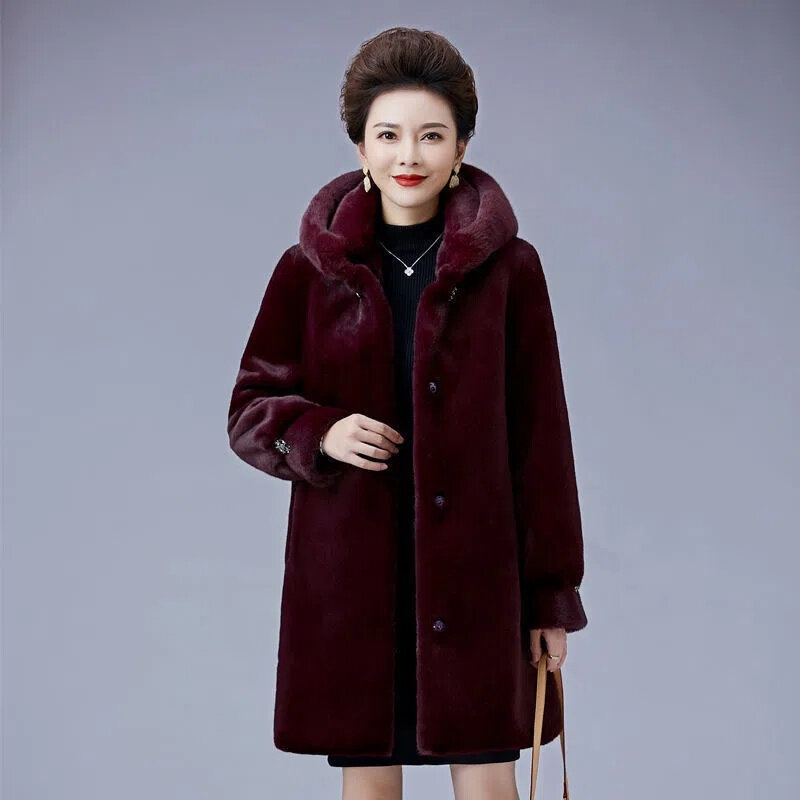Abrigo de piel de visón con capucha para mujer, media larga Parka, abrigo de terciopelo de visón para madre de mediana edad, abrigo de piel de imitación, novedad de 2023