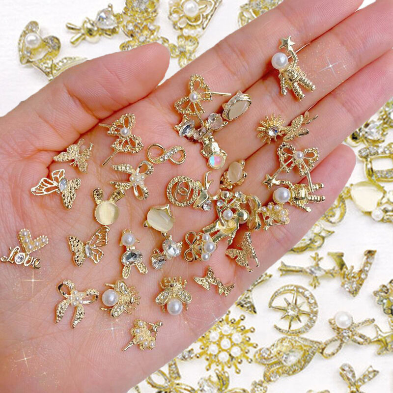 10PCS/lot 3D Alloy Gold/Silver Random Nail Charms Luxury Jewelry Making  Rhinestone Accessories Metal Nail Art Decoration Parts