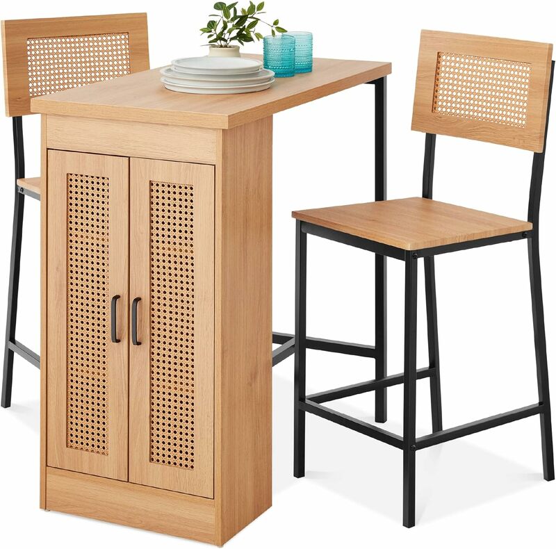 3-Piece Rattan Dining Set, Counter Height Boho Dining Table for Kitchen, Dining Room w/Adjustable Storage Shelves, Cabinet Doors