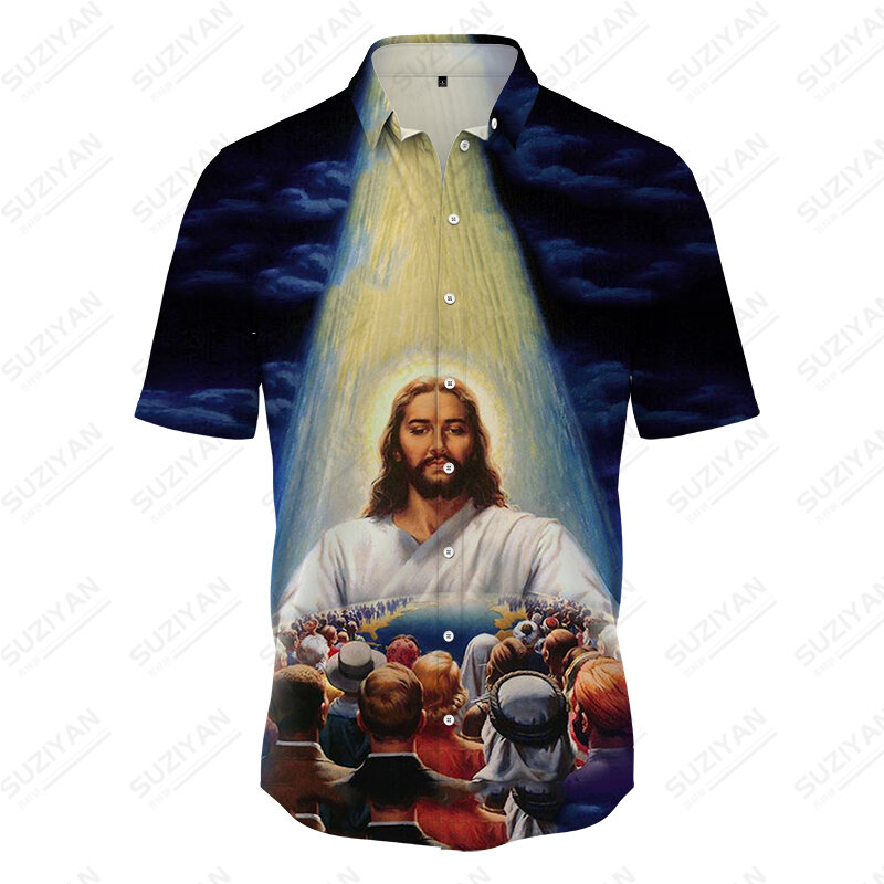 Kaus Pria Musim Panas Yesus Kristen 3D motif bunga religius gaya kasual modis tren pakaian pantai pakaian belanja tropis