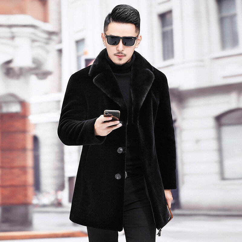 Мужская длинная куртка из овчины, однобортная длинная куртка из натуральной шерсти, пальто для зимы 2023, P501