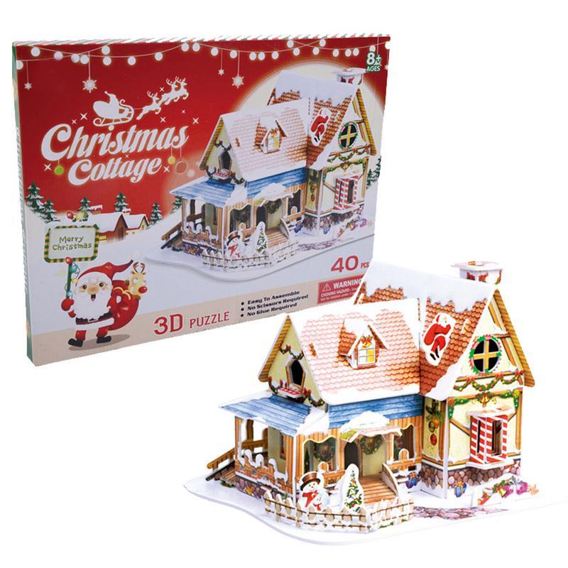 3D Puzzle Houses Christmas 3D Christmas Decor Model Kit White Snow Scene Theme Small Town Christmas Decor Model Kit For Kid And
