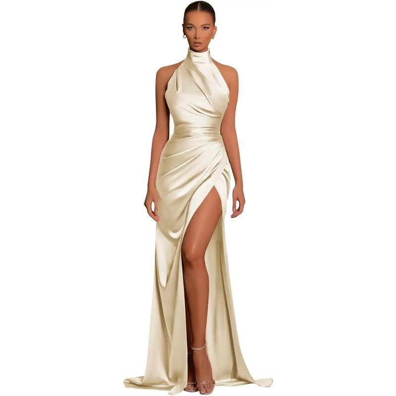 Женское атласное платье с юбкой годе, Элегантное Длинное Вечернее Платье с лямкой на шее, с высоким разрезом, для выпускного вечера и свадьбы