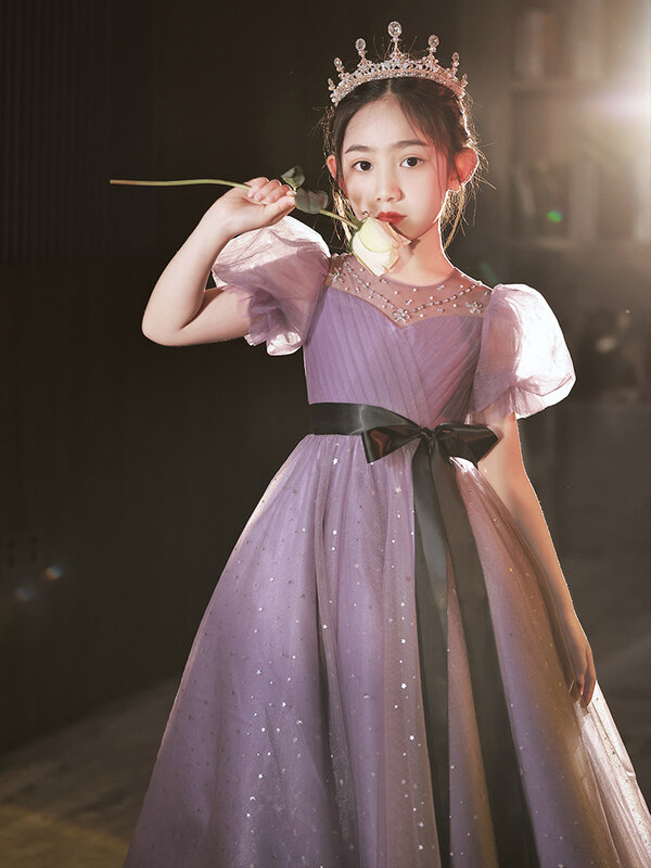 High-end dress Children's purple princess dress piano performance competition costume