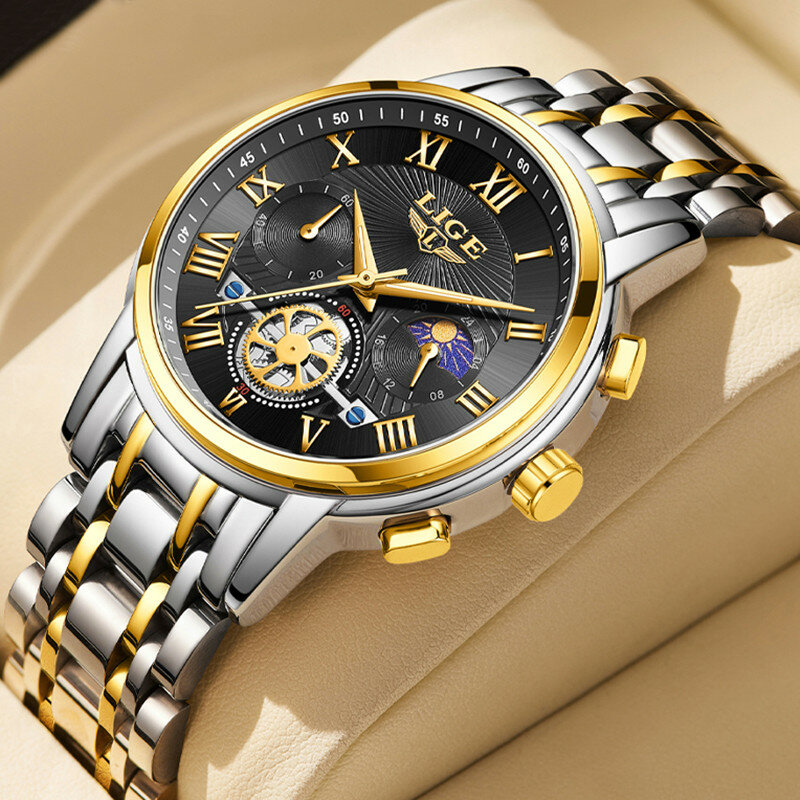 LIGE jam tangan bercahaya pria, arloji Stainless Steel tahan air Quartz merek terkenal untuk lelaki