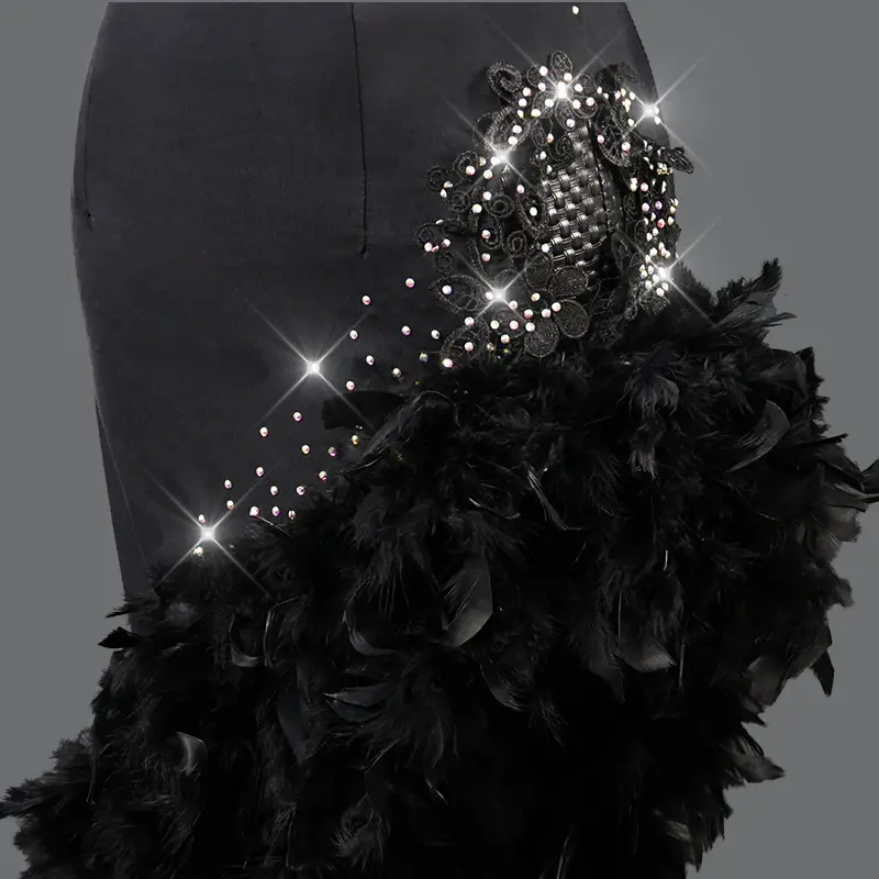 Nowa seksowna latynoska sukienka do tańca czarne pióro konkursowe kostiumy spódnica wykonująca suknię Rhinestone dla dorosłych dostosowuje dzieci