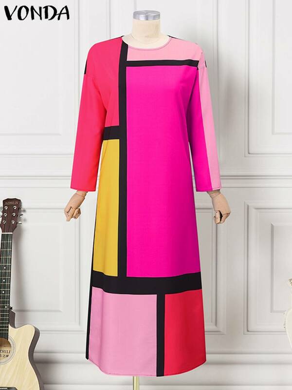 Plus Size 5XL VONDA Women Bohemian Long Maxi Dress Autumn Elegant 3/4 Sleeve Casual Sundress Fashion Color Patchwork Party Robe