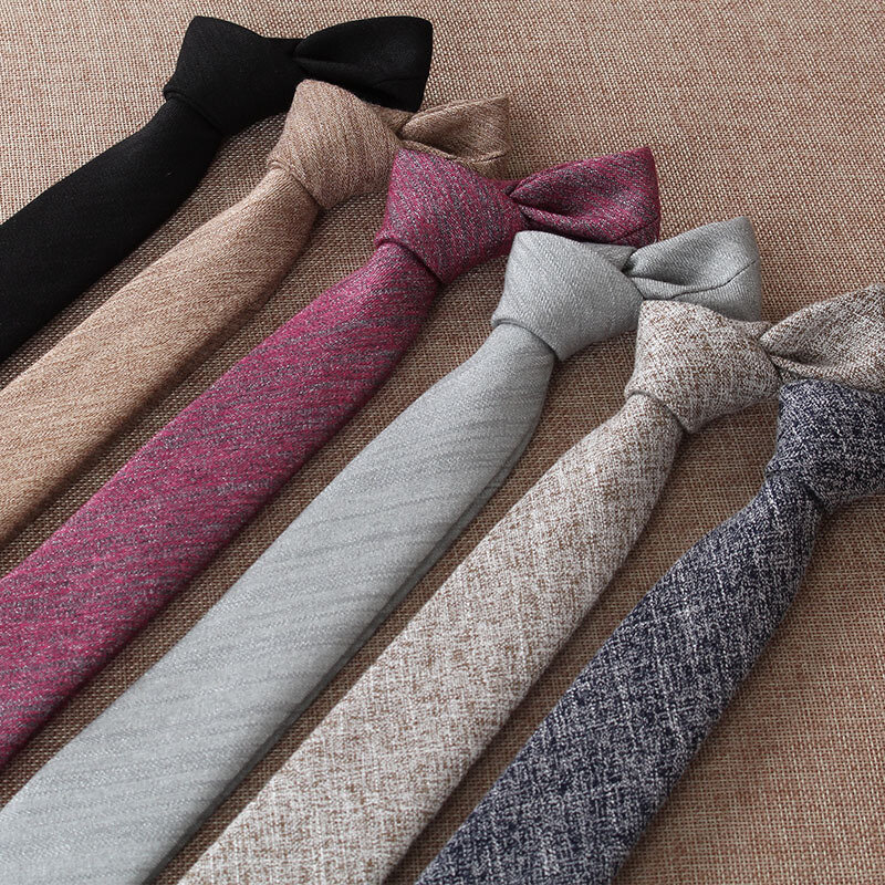 Dasi kain Linen katun sempit warna polos 6cm, dasi untuk kehangatan Pria
