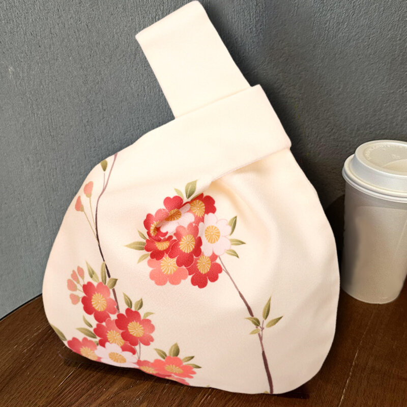 Japońska damska torba na nadgarstek z węzłem, ręcznie robiona torebka w stylu vintage, przenośna, mini, z nadrukiem kwiatów, składana torba na telefon o dużej pojemności