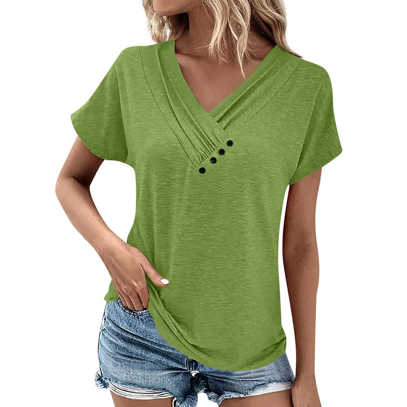 女性用Vネック半袖Tシャツ,快適,夏,2021