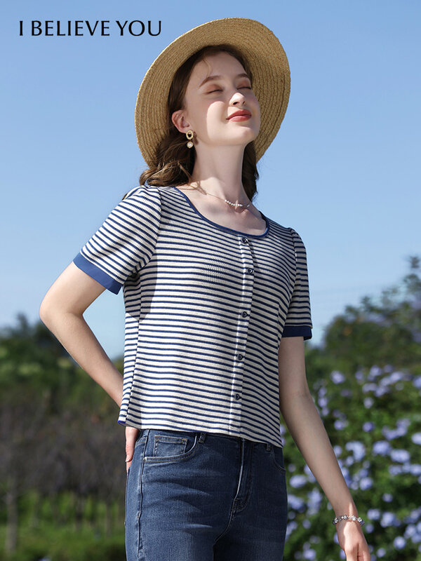 T-shirt feminina listrada com gola redonda, curta, fina, tricotada, tops retrô casual, grande, moda verão, novo, 2242015546, 2024
