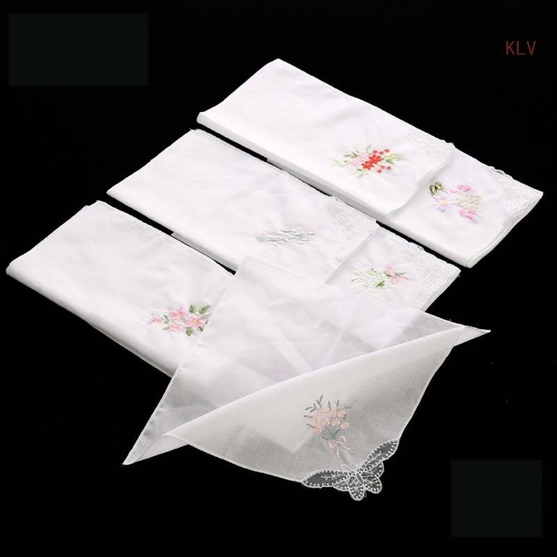 28 cm buntes, mit weißer Spitze besticktes Taschentuch, quadratisches Handtuch, weich besticktes Damen-Taschentuch aus Baumwolle