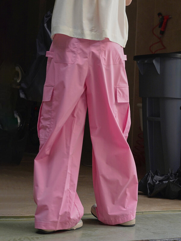 LANMREM 여성용 하이웨이스트 나일론 와이드 레그 팬츠, 드로스트링 디자인, 루즈 스트리트웨어 패션 바지, 2024 여름 신상, 26D8765