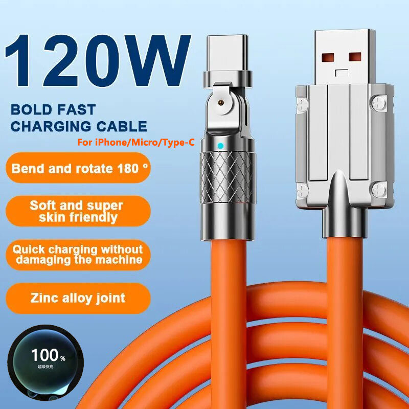 Cable USB tipo C de carga rápida para Xiaomi Redmi Honor, Cable de codo con rotación de 120 grados, cargador de teléfono, 180 W, 7A