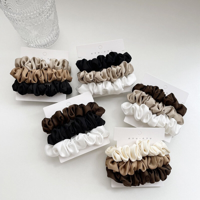 3 Stks/set Satin Hair Scrunchies Set Vintage Effen Kleur Elastische Haarbanden Paardenstaart Haar Touw Mode Haaraccessoires Voor Meisjes