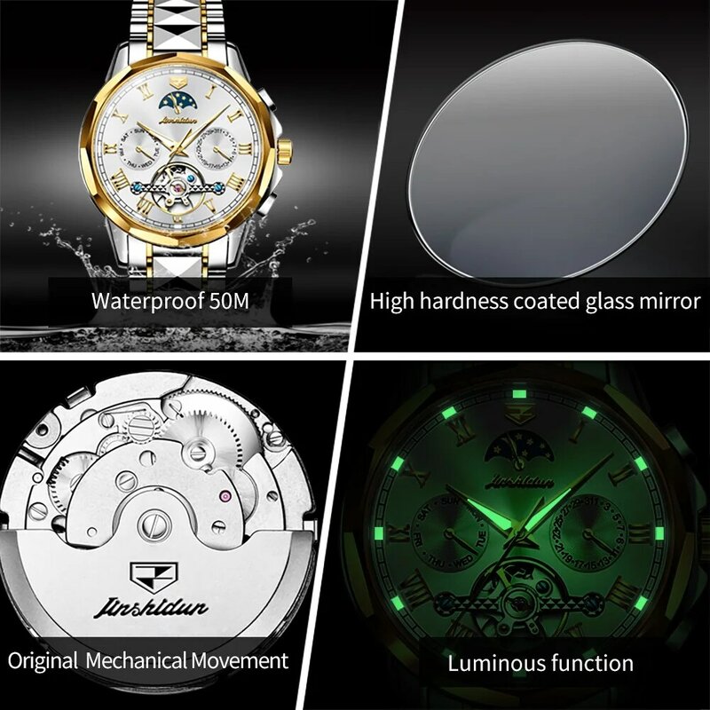 JSDUN 8937 텅스텐 스틸 커플 시계, 럭셔리 브랜드, 자동 기계식 시계, 여성 패션, 우아한 데이트 주 커플 시계