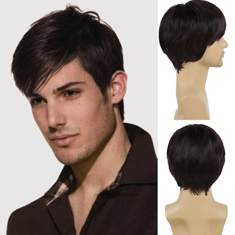 Włosy syntetyczne męskie przystojne peruki krótki czarny peruka z grzywką dla mężczyzn na co dzień kostium imprezowy żaroodporne czapka regulowana rozmiar