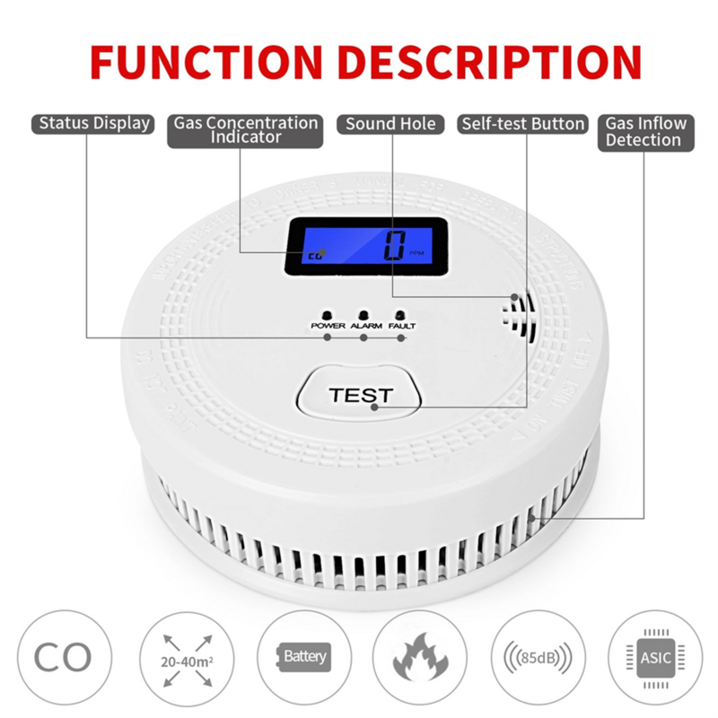 CO & alarma de humo 2 en 1, detectores de monóxido de carbono, Detector de humo, alarma de 85dB, para el hogar y la cocina, pantalla LCD, A