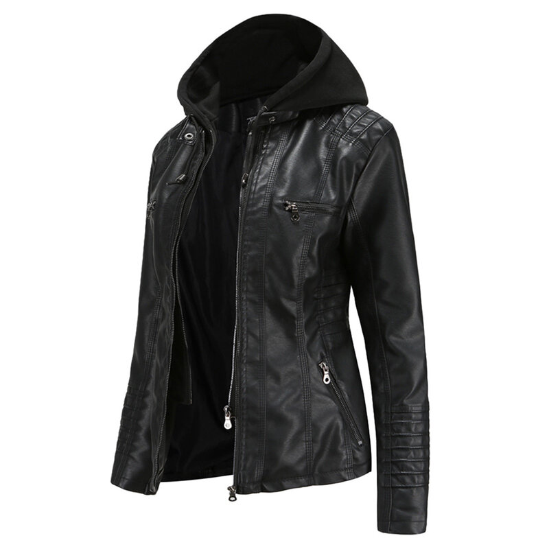 Jaqueta de couro PU destacável para mulheres, casaco com capuz, roupas de motocicleta para senhoras, cor sólida, couro lavado, tamanho grande, conjunto de 2 peças