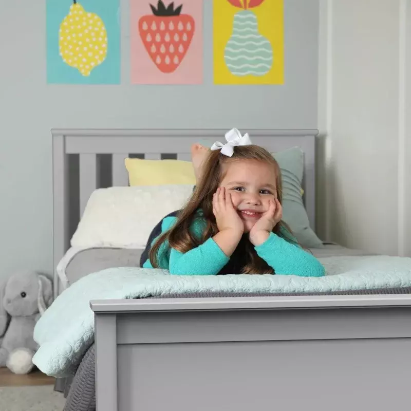 Max & Lily Twin Bed Frame dengan Slatted Headboard, tempat tidur Platform kayu Solid untuk anak-anak, tanpa kotak pegas diperlukan, perakitan mudah, Gre