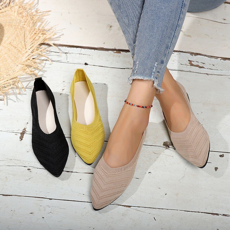 Women's Pointed Toe Flat Shoes Solid Color Knitted Slip on Shoes Casual Breathable Ballet Flats Women Flat Shoes Loafers Women