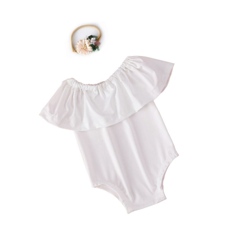 Baju Terusan Bayi dengan Hiasan Kepala Bunga Baju Pemotretan untuk Anak Perempuan 1-6 Bulan