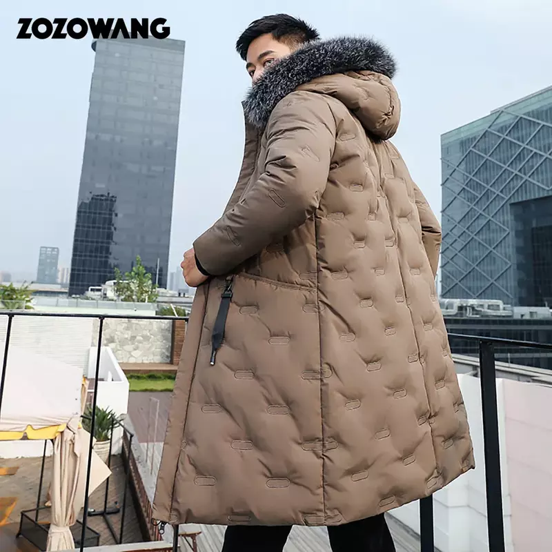 ZOZOWANG 2023 새로운 겨울 다운 재킷 남성 겨울 재킷 남성 패션 두꺼운 따뜻한 파카스 모피 화이트 오리 다운 코트 캐주얼 남자 방수 다운 재킷-30 도 긴 코트