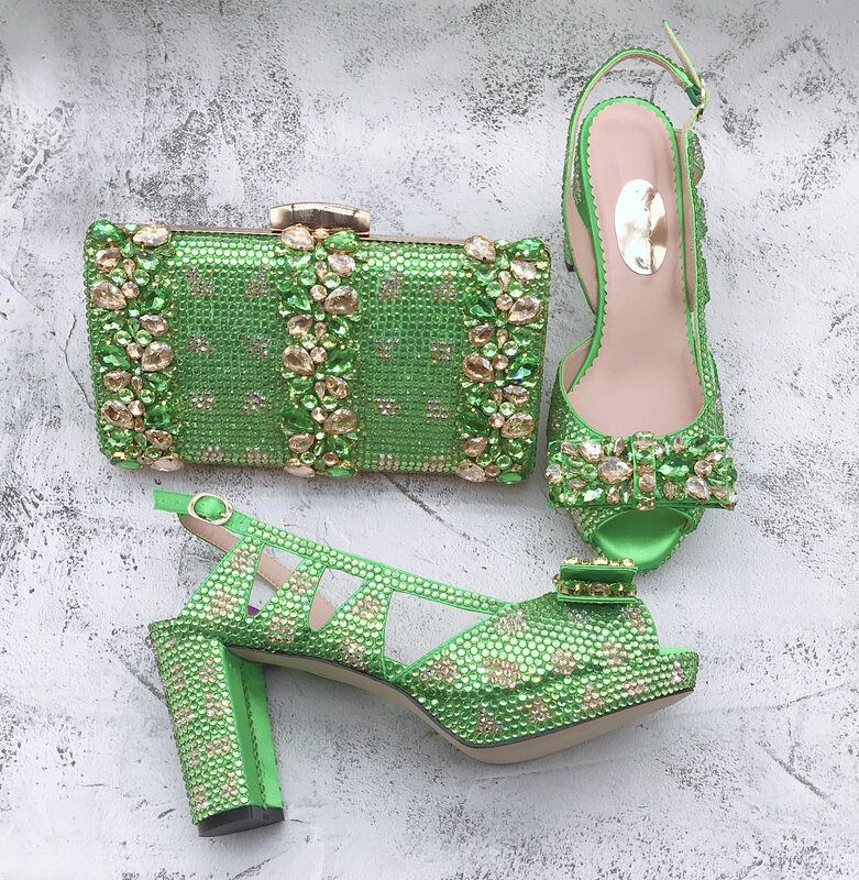 Bs1555 personalizável vário vestido de salto sandália sapatos femininos hortelã verde ouro cristal sapatos e bolsa conjunto para mulher