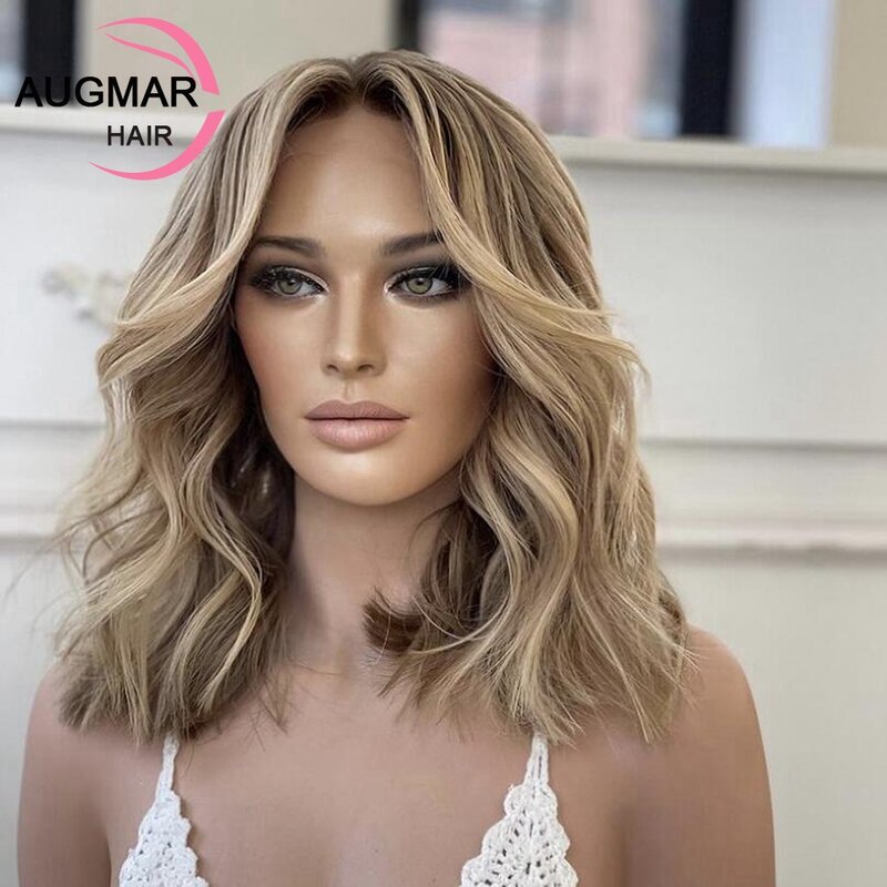 Ash Blonde Silk Top Lace Front Wig Human Hair Ombre Brown Highlight Wig 13x4 Silk Base Short Body Wave Human Hair Wigs For Women