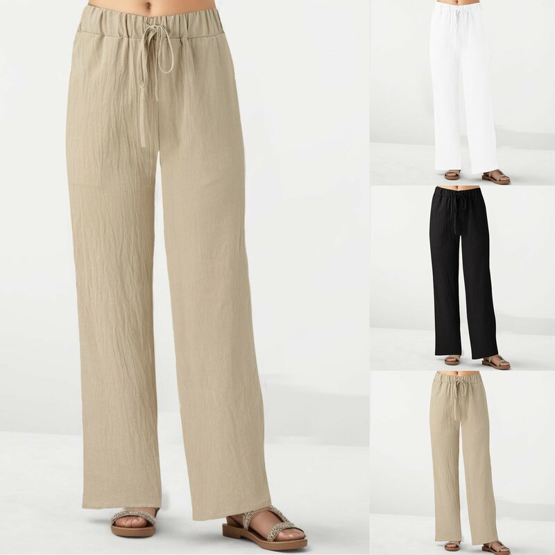 2024 Summer Loose Wide-Leg Pants Hot Sale Long Trousers With Pocket Leisure Outwear Women'S Faux Cotton Linen Drawstring Outwear