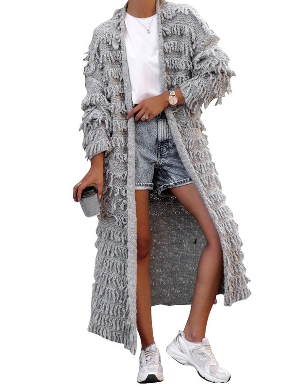 Африканская одежда для женщин, Осень-зима, Африканский однотонный Кардиган с длинным рукавом и бахромой, свитер, длинное пальто, женские топы